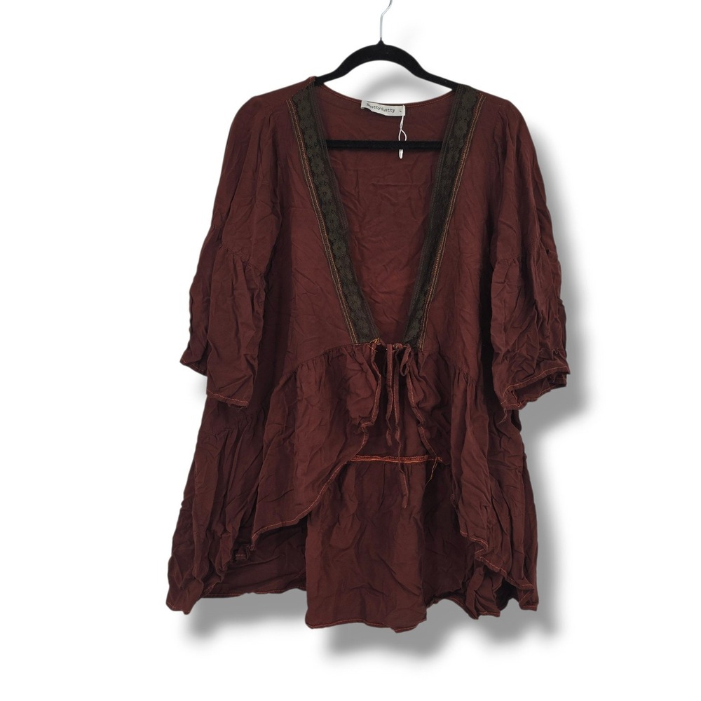 Rusttydustty Burgundy Boho Lace Trim Tiered Ruffle Tunic Top Large